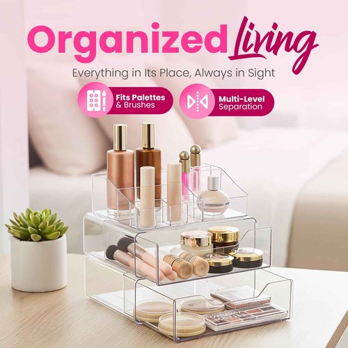 Clear Makeup Organizer - Acrylic Cosmetic Vanity Storage Organizers for Girls Dresser, Bathroom, Desk Counter - Plastic Make Up Holder, Jewelry Box (2-Drawer | Multi Compartments)