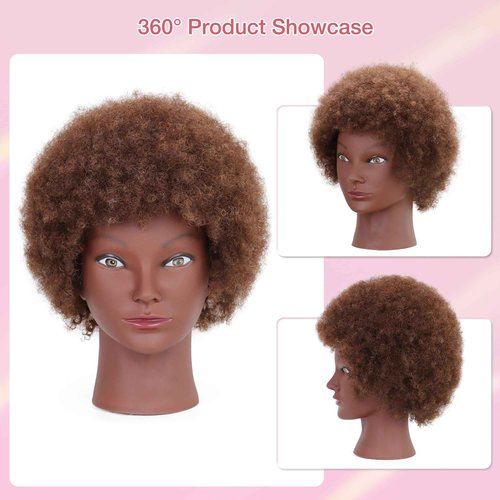 Afro Curly Mannequin Head with 100% Human Hair 10'' Cosmetology Manikin Doll Head for Hairdresser Braiding Practice Hairstyling with Free Clamp Holder-Brown
