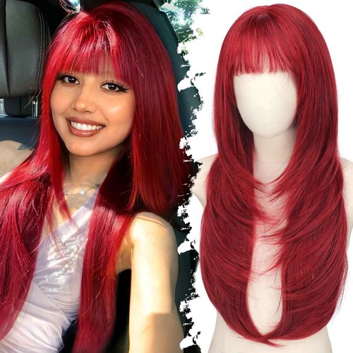 Eawwii Long Red Wig with Bangs for Women, 4x4 Realistic Scalp,Free Parting, Layered Hairstyle Synthetic Heat Resistant for Daily Party Use 26 inch