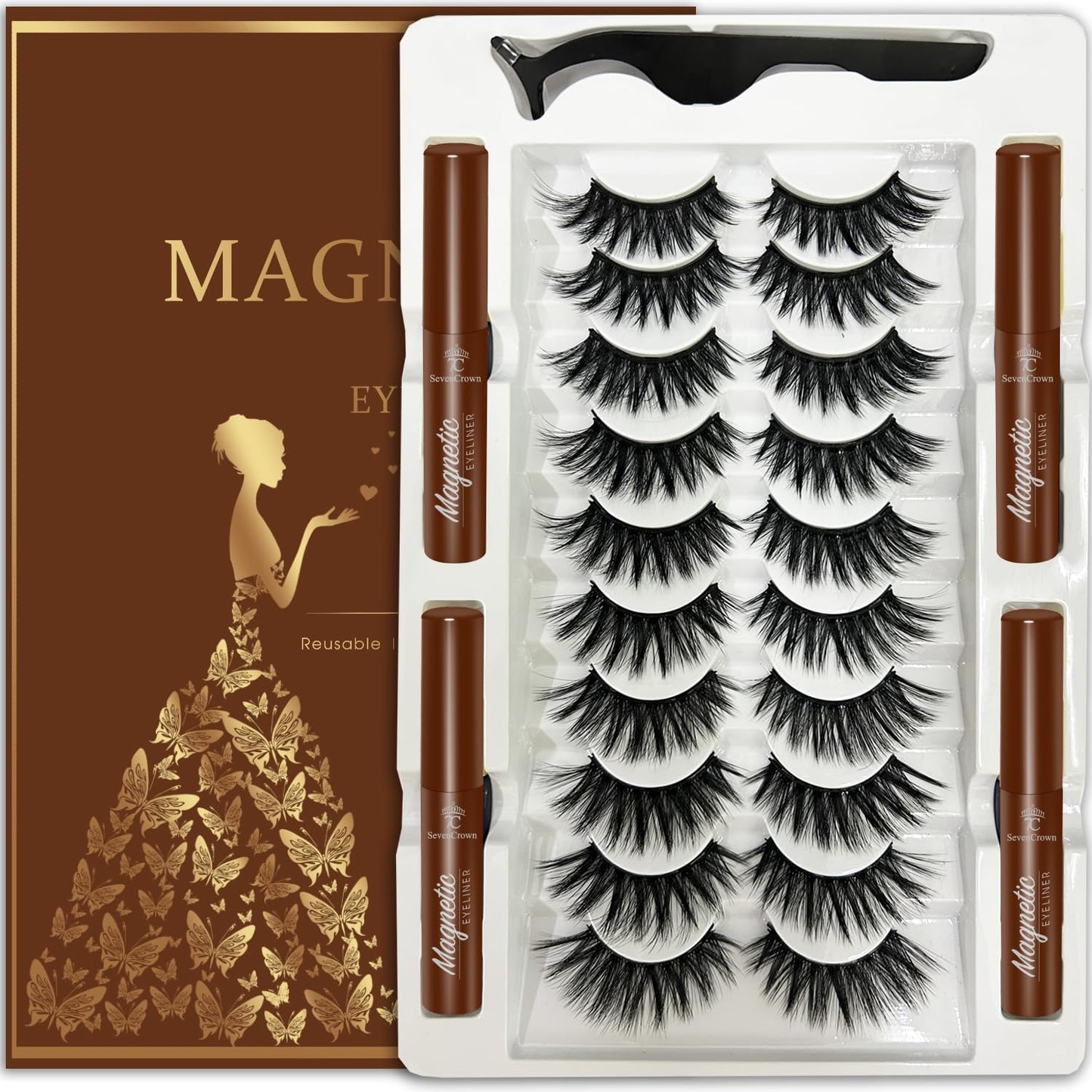 7C SevenCrown Magnetic Eyelashes with Eyeliner, Cat-Eye Magnetic Lashes Kit with Applicator,Most Natural Looking,Reusable Fake Eye Lash, 4 brown Strongest Waterproof Liquid Liner,