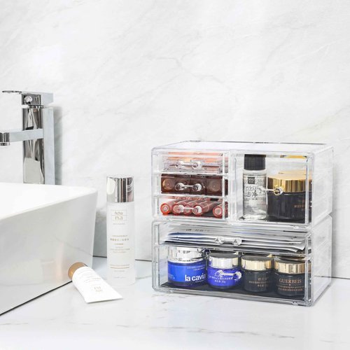Cq acrylic 2 Pack Clear Desk Organizer With Drawers,Stackable 6 Drawers Skincare Organizer,Cute Skin Care Organizers for Vanity Hair Clip,Jewelry,Beauty Product Desk and Makeup Organizers Countertop