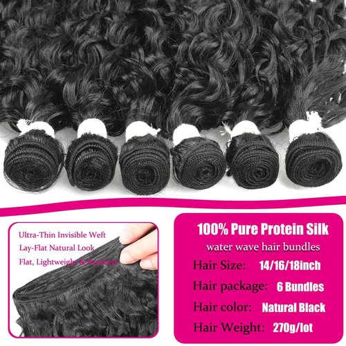UENOKIPS Water Wave Hair Bundles 100% Pure Protein Silk Curly Bundles 14 16 18 Inch 6 Bundles 270g Soft Natural Look Human Hair Feel Wet and Wavy Hair Extensions Natural Black