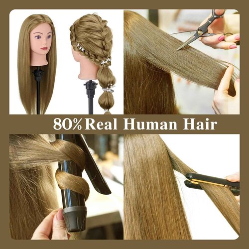28 Inch Mannequin Head 80% Human Hair with Tripod Stand,Mannequin Cosmetology Manikin Practice Doll Head with stand,Braiding Hairdressing Head for Hair Styling with Table Clamp + DIY Hair Styling Set