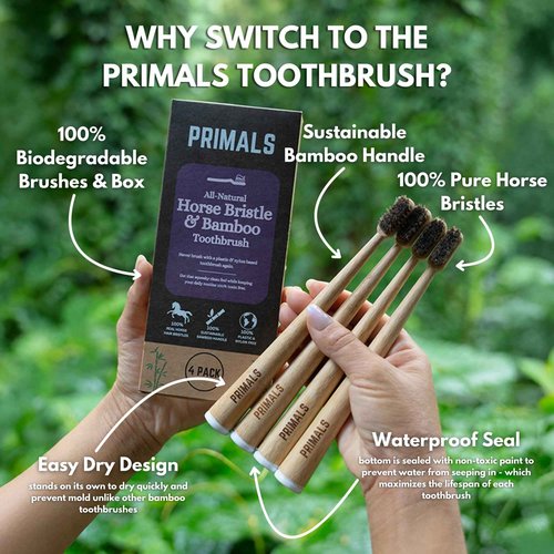PRIMALS Horse Bristle & Bamboo Toothbrush (4-Pack) - Luxurious & Soft Horse Bristles - Fully Biodegradable - Plastic & Nylon Free - Quick Dry Design
