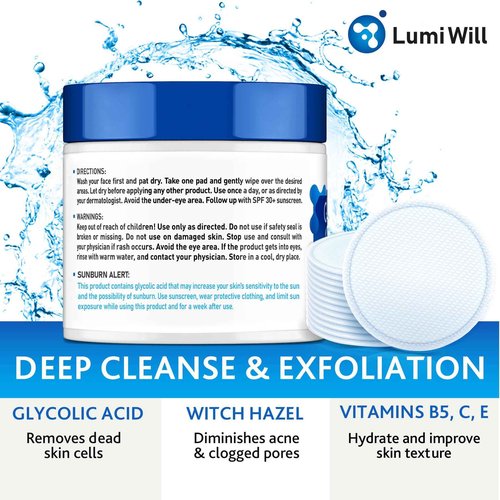 Glycolic Acid Pads - Exfoliating Pads with Glycolic Acid, Vitamins B5, C, E & Menthol - Peel Pads for Acne - Anti-Aging Glycolic Acid Resurfacing Pads for Fine Lines and Wrinkles - 50 Pads
