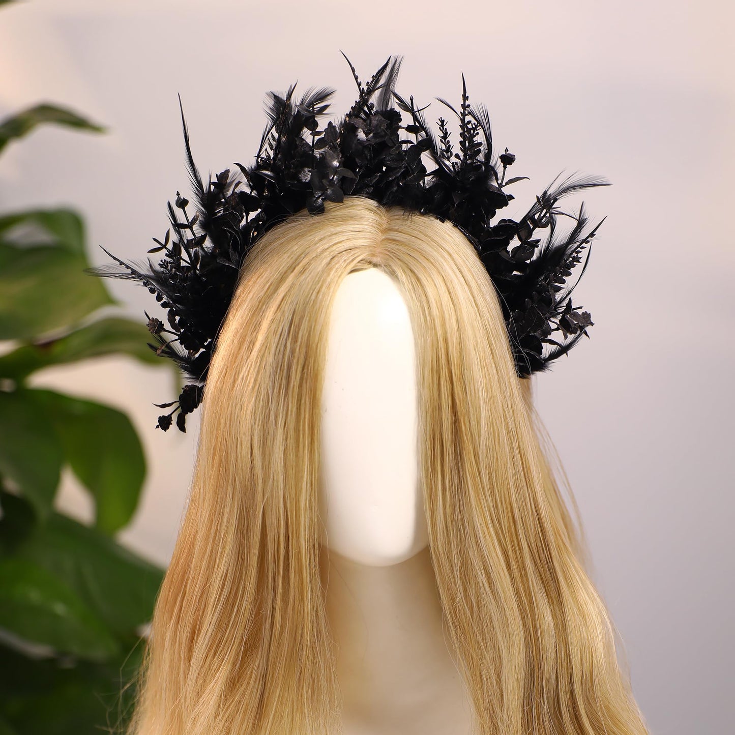 MOSTORY Black Feather Halo Crown - Handmade Dark Feather Headband Gothic Floral Hairband for Women Girls Witch Goth Wedding Renaissance Cosplay Prom Party Fae Ball Photo Shoot