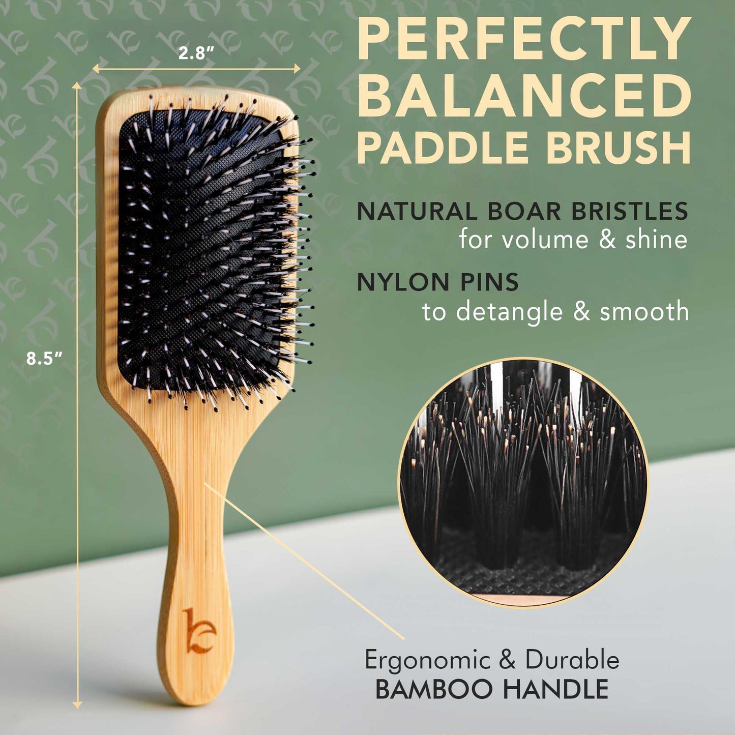 Boar Bristle Paddle Hair Brush - Smoothing Wood Hair Brush for Thick Hair, Natural Bristle Hair Brush, Detangles Thick, Curly & Wavy Hair, Boars Hair Brush for Women, Stimulates Scalp & Smoothes Hair