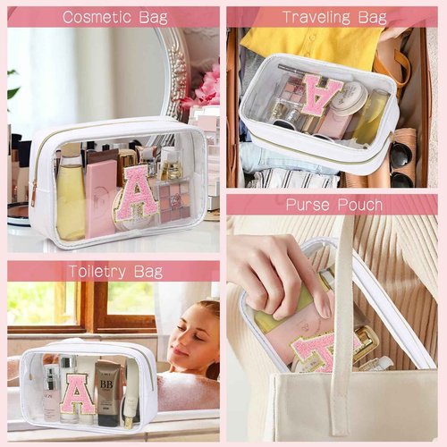 LOFOWN Initial Clear Makeup Bag Small Cosmetic Bag Travel Toiletry Bag Clear Zipper Pouch Purse Organizer Bags for Women (White-M, K)