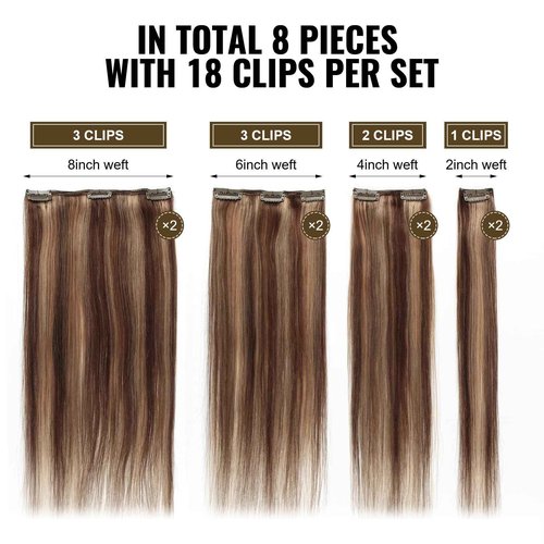 ABH AMAZINGBEAUTY HAIR Clip in Hair Extensions Real Human Hair Chocolate Brown Mixed to Dark Blonde Hair for Fashion Women Virgin Highlights Clip in Hair Double Wefts Silky Straight 90G 8Pcs 16 Inch
