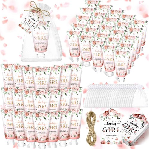 Dansib 48 Sets Christmas Baby Shower Hand Cream Gift Winter Party Favors for Guests Gift Bulk Mini Travel Size Hand Lotion Set for Guests(Baby Girl)