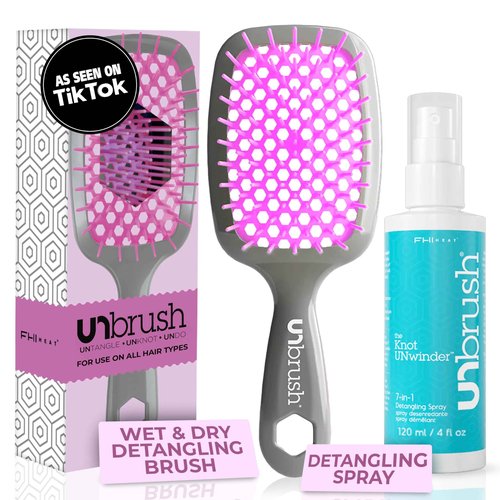 FHI Heat UNbrush Detangling Brush and UNwinder Detangling Spray Combo Pack - Tangle-Free Hair, Pain-Free Brushing, Anti-Static Bristles, Lightweight Hair Brush, Orchid