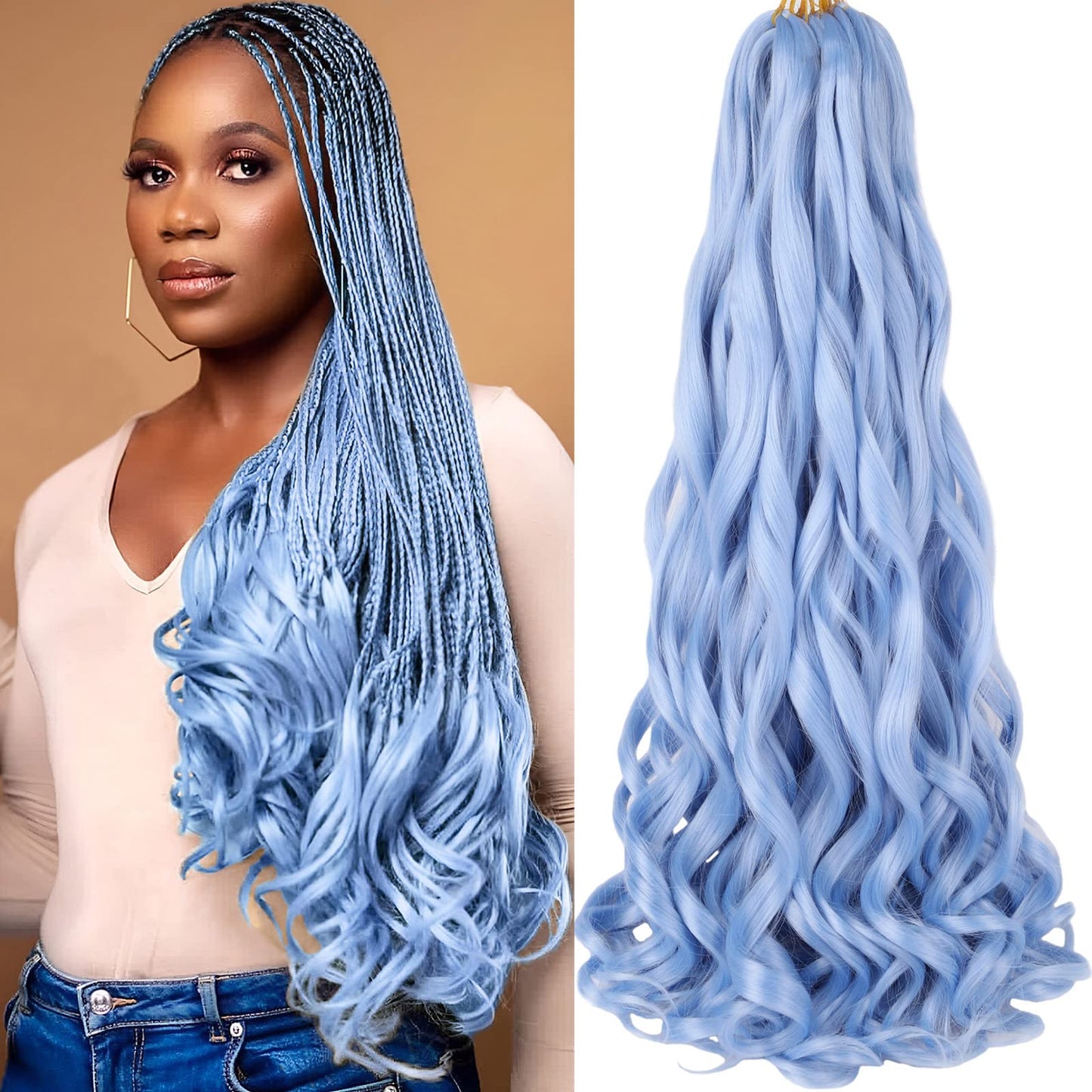 COOKOO 9 Packs Pre Stretched French Curly Braiding Hair 22 Inch Spiral Curls Braid Hair with Curly Ends Spanish Curly Braiding Hair Loose Wavy Synthetic Hair Extensions for Black Women(Baby Blue)