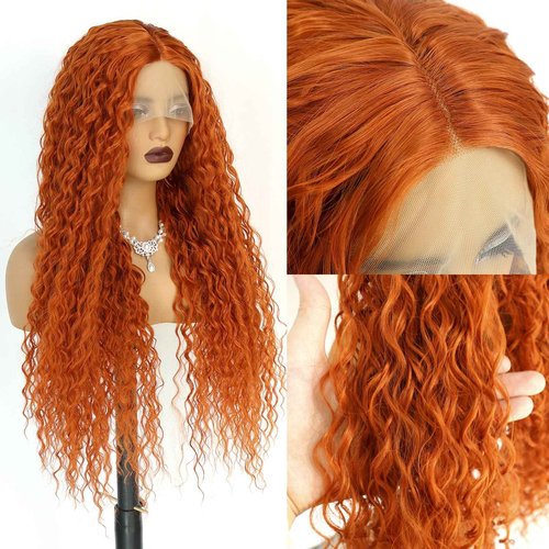 Phyoung 32 inch Ginger Long Curly Lace Front Wigs for Black Women Glueless Curly Synthetic Wigs Orange Ginger Synthetic Wigs Long Ginger Wig Middle Part Wigs Loose Curly Wig