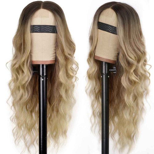 AISI HAIR Blonde Wig for Women, Long Wavy Lace Hairline Blond Synthetic Middle Part Ombre Blonde Wigs for Daily Party-26 Inch