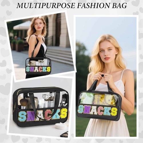 Snack Bag for Travel, Chenille Letter Clear Makeup Bag, 11.8" x 7.9" Nylon & PVC Waterproof Cosmetic Pouch with Handle and Zipper, Cute Preppy Storage Organizer Pouches for Women Girls (Black)
