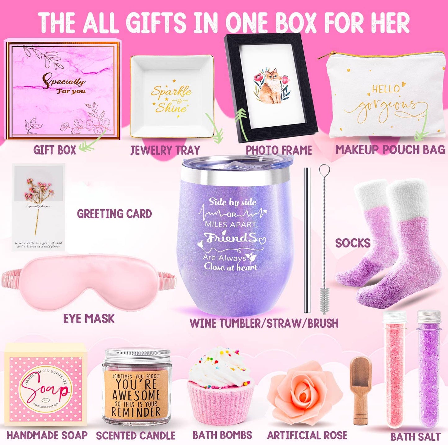 Birthday Gifts for Women-Best Relaxing Spa Gifts Box Basket for Wife Mom Sister Girlfriend Daughter Best Friend Mother-Happy Birthday Gifts for Women -Unique Wine Tumbler Spa Bath Set (Purple)