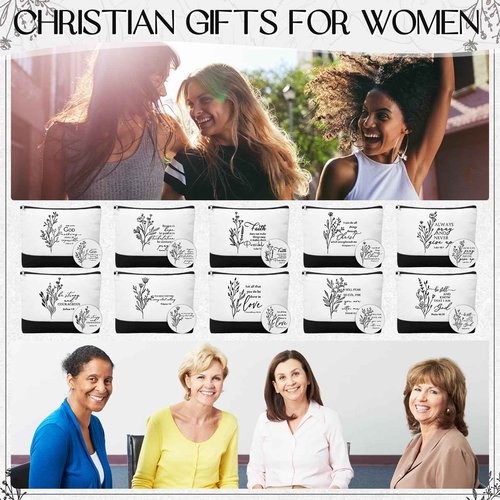 Kacctyen 20 Pcs Christian Gift for Women Bulk 10 Inspirational Religious Canvas Makeup Bag 10 Mini Christian Compact Mirrors Religious Gifts for Pastor Church Christmas Thanksgiving Gifts(Aesthetic)