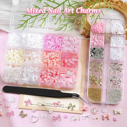 2 Boxes 3D Bow Nail Charms and Gems, Pink White Bows Flowers Heart Petals Nail Art Charms Gold Silver Alloy Bowknot Butterfly for Nails Flatback Pearls Rhinestones Caviar Beads for Women Nail Design