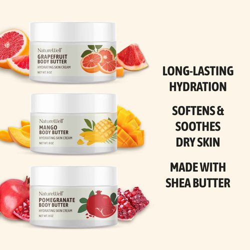 NATURE WELL Shea Body Butter Variety Pack, Includes Grapefruit, Mango, & Pomegranate, Provides Ultimate Nourishment & Hydration, 3 Pack (8 Oz Ea)