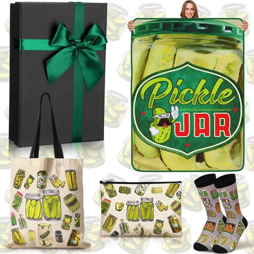 Soaoo 4 Pcs Christmas Funny Pickle Gifts for Pickle Lovers Women with Blanket, Tote Bag, Socks, Zipper Makeup Bag Funny Jar Gifts for Prizes Birthday Christmas Party Favor with Present Box