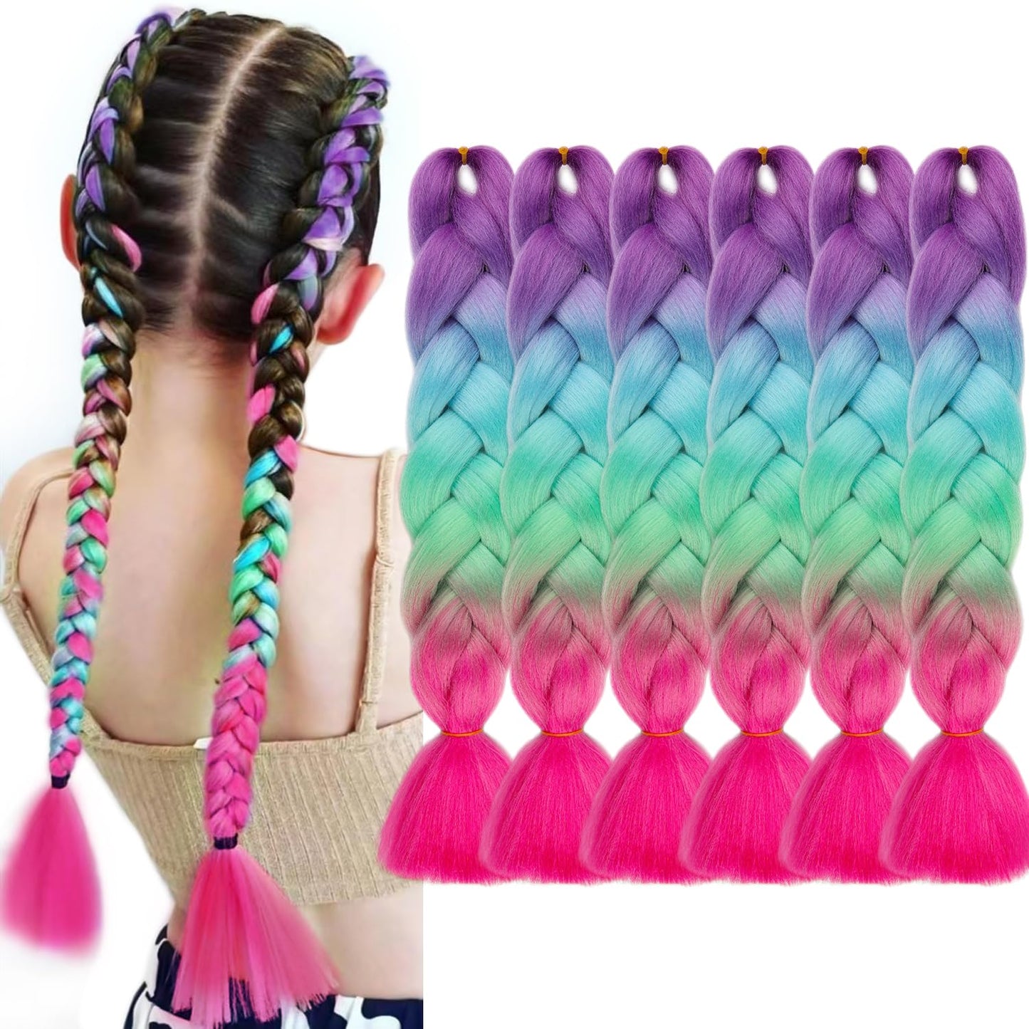 MAYSA Rainbow Braiding hair Extensions, 4 Tone Ombre Pre stretched Braiding Hair, 24in 6Packs Synthetic Colorful Braiding Hair for Girls #Purple-blue-green-hot pink