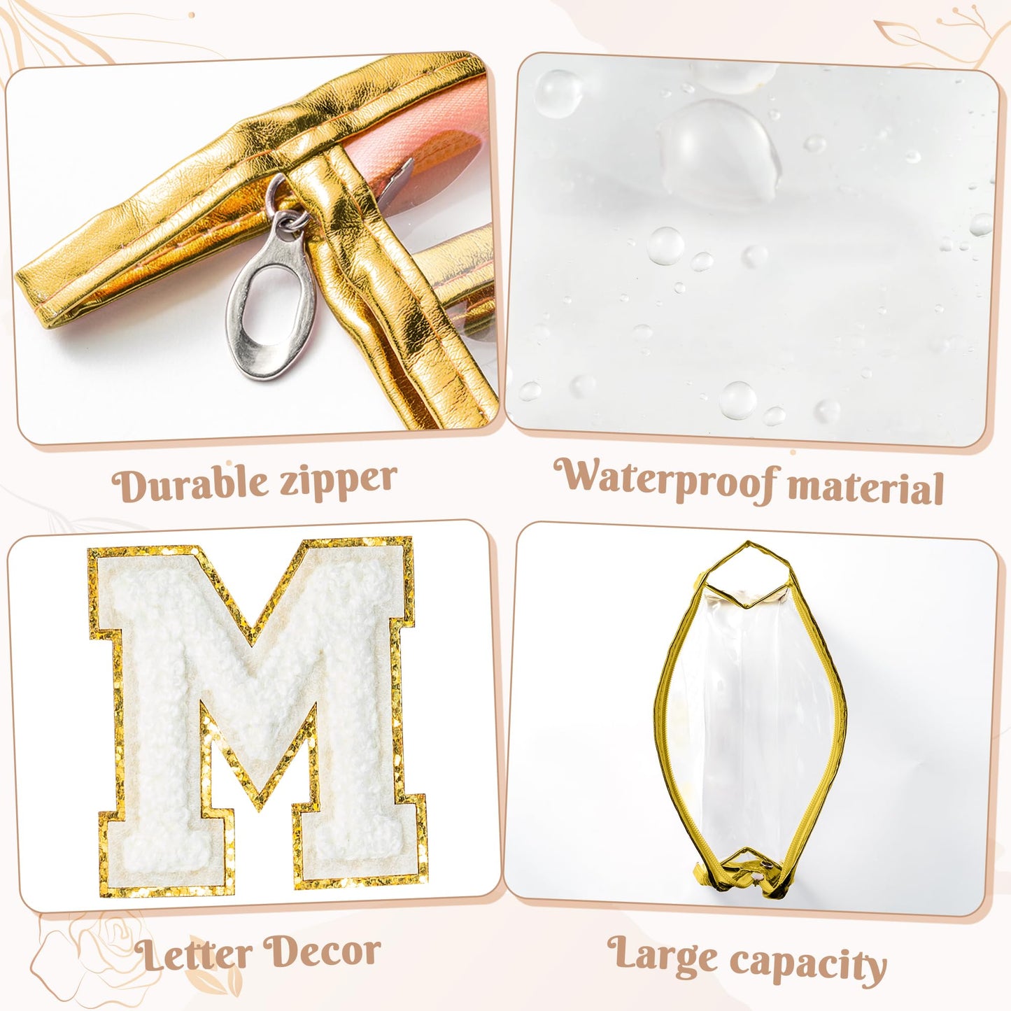 Y1tvei Bride Patch MRS Varsity Letter Cosmetic Toiletry Bag Mrs Chenille Letter Patches Bling Small Gold Makeup Bag PVC Waterproof Portable Zipper Purse Beach Travel Organizer for Women Girls