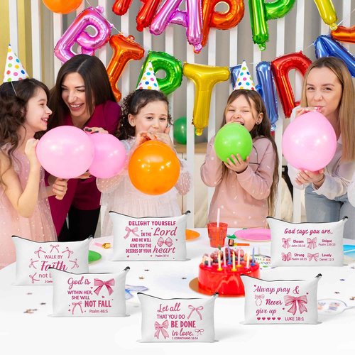 Y1tvei Bow Bible Cosmetic Bags - 30Pcs Pink Coquette Mini Bible Verse Makeup Bag with Zipper, White Canvas Large Capacity Cosmetic Bags Set Gifts Bulk for Women Girls Inspirational Church Party Favors