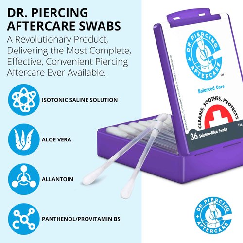 Dr. Piercing Aftercare Swabs - Saline Solution for Piercings - Earring Nose Belly Ear Piercing Cleaner - Saline Wash, Ear Hole Cleaner – Piercing Aftercare Formula - 72 swabs (2-pack)