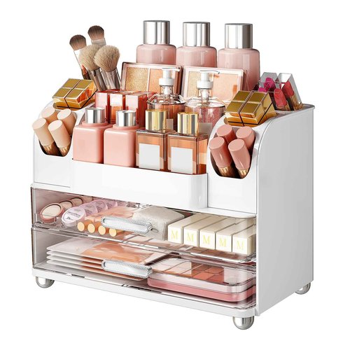 Makeup Organizer, Large Vanity Organizer with Brush Holder and 2 Drawers, Clear Cosmetic Storage Box for Bathroom Countertop, Toiletry and Skincare Storage for Lipsticks, Lotion, and perfume, White
