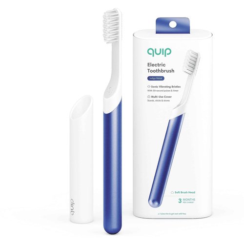 Quip Sonic Toothbrush for Adults - Timed Electric Toothbrush with Cover - Replaceable Brush Head, Soft Bristles, Metal Handle, 3 Month Battery Life - Travel Toothbrush - Indigo