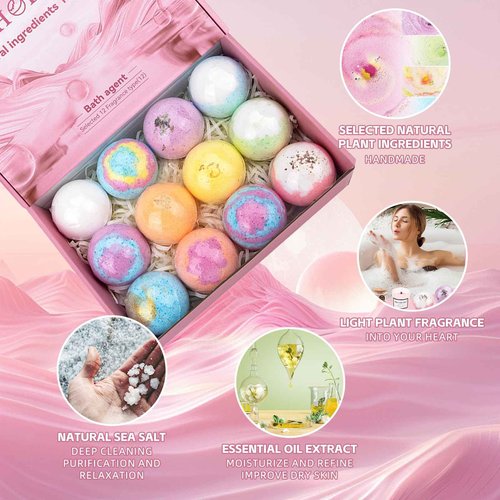 Natural Handmade Bath Bombs Salt Balls Gift Set, 12 PCS with Sea Salt & Shea Butter, Moisturizing Dry Skin, Stress Relief, Bubble Bath, Perfect Care Relaxing Spa Gifts for Women, Men & Kids