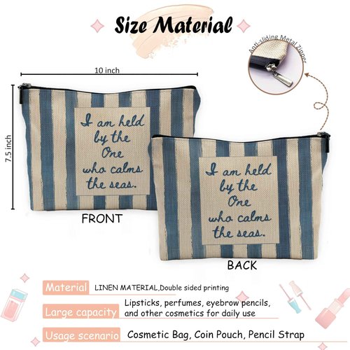 Yomisex Inspirational Christian Makeup Bag for Women, Bible Verse Ocean Beach Cosmetic Bags Toiletry Bag, Blue and Beige Striped Religious Makeup Pouch