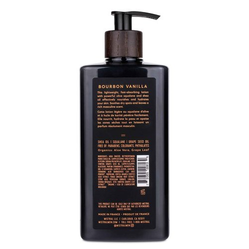 Mistral Bourbon Vanilla Body Lotion for Men | Moisture-Rich Body Cream | Fast-Absorbing Men’s Lotion with Shea Oil & Squalane | Natural & Paraben-Free | Masculine Scent – 13.5 fl oz