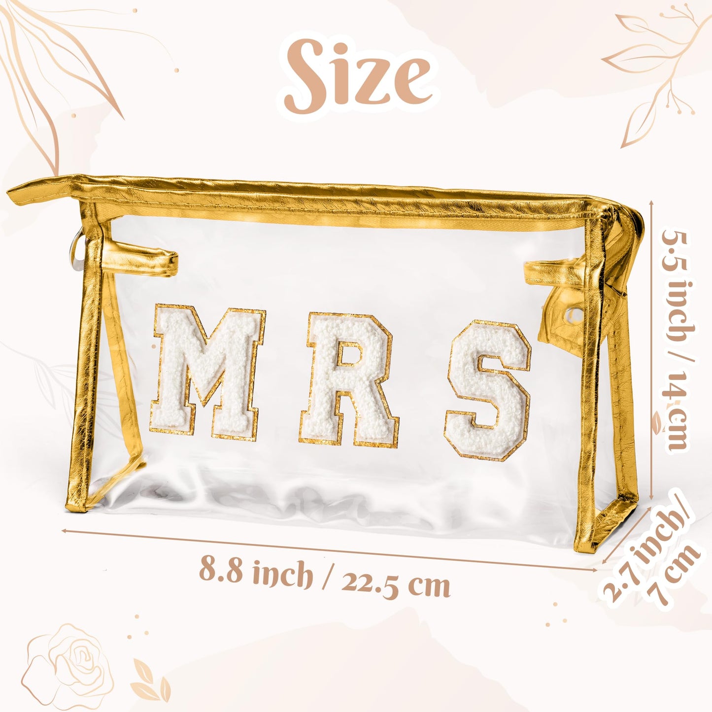 Y1tvei Bride Patch MRS Varsity Letter Cosmetic Toiletry Bag Mrs Chenille Letter Patches Bling Small Gold Makeup Bag PVC Waterproof Portable Zipper Purse Beach Travel Organizer for Women Girls