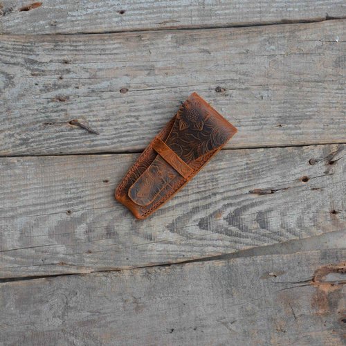 JJNUSA Old Fashioned Sleeve Travel Pouch Leather Safety Razor Case, Double Edge Razor 4.5", Shaving Accessories, Personal Care Essentials, Men's Shaving Razor Flower brown