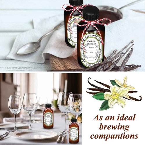 12 Pack 2 oz Vanilla Extract Bottles with Black Poly Cone Caps and 12 Pcs Vanilla Extract Stickers, 60ml Boston Round Sample Bottles for Homemade Vanilla Extract, Essential Oils, Herbal Medicine (2oz)