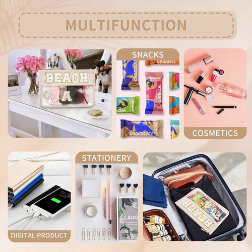 Pinkmik Chenille Letter Clear Zipper Pouch for Travel Clear Snack Bag Beach Cosmetic & Toiletry Makeup Bag for Women (BEACH)