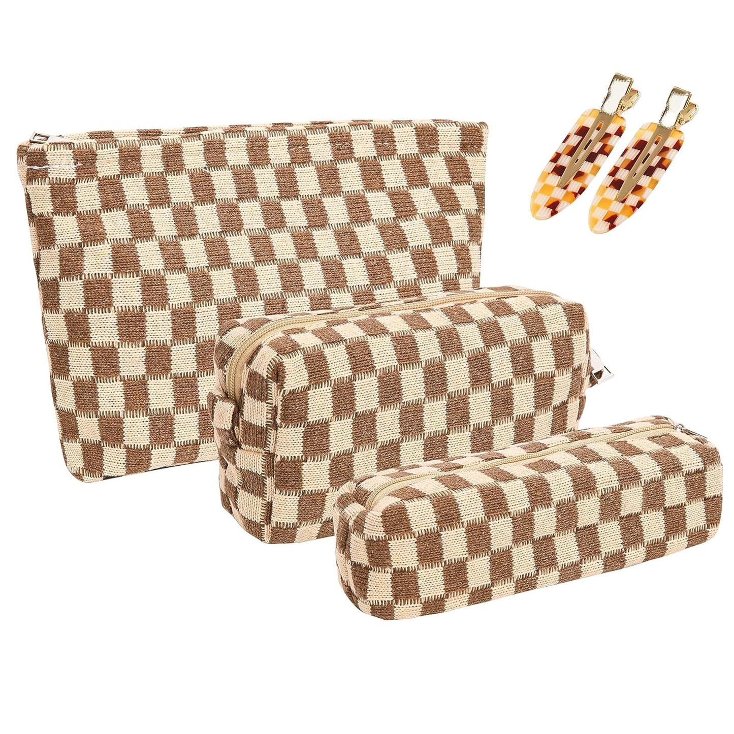 4 Pcs Checkered Makeup Bag,Travel Makeup Bag Toiletry Bag Cute Makeup Brushes Bag Cosmetic Bags for Women Zipper Makeup Bags for Purse Large Travel Cosmetic Organizer with Hair Claw Clips (A Brown)