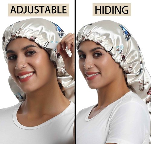 SAYMRE Satin Bonnet Silky Sleep Cap,Adjustable Hair Bonnet for Braids Curly Hair (Long Size, Long Butterfly)