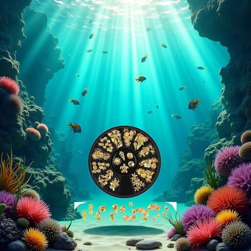 12 Styles Golds Nail Art Metal Studs Metallic 3D Pieces Rivet Palm Tree Turtles Marine Life Charms for Summer Beach Manicure DIY Acrylic Nails Design Supply Nail Art and Polish (Gold Ocean Studs)
