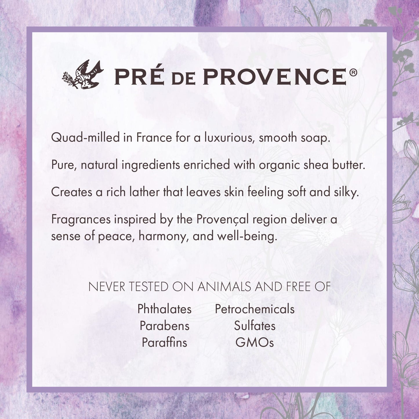 Pre de Provence Artisanal Soap Bar, Enriched with Organic Shea Butter, Natural French Skincare, Quad Milled for Rich Smooth Lather, Cashmere Woods, 8.8 Ounce