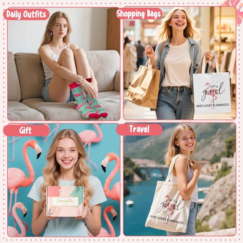 Y1tvei Flamingo Canvas Bag Gifts - 11Pcs Just A Girl Who Love Flamingos Canvas Tote Bag Makeup Pouch, Thermos Cup Stockings Pink Bracelet Card Adorable Earrings Keychain, Flamingo Lover Gift for Girls