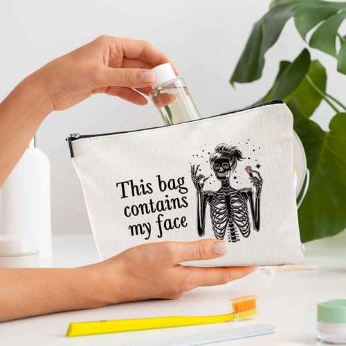 Goth Make Up Bags For Women, Toiletry Bags For Traveling Women, Small Makeup Pouch, Make Up Travel Bag Organizer, Skeleton Cosmetic Travel Bag Spooky Funny Gifts For Women (A16)