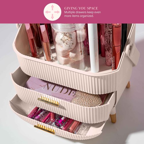 Paris Hilton Makeup Storage Organizer with Lid, Cosmetics and Skincare Organizer for Vanity, Portable Makeup Storage Box for Countertop, Fluted Design with Gold Accents, Pink