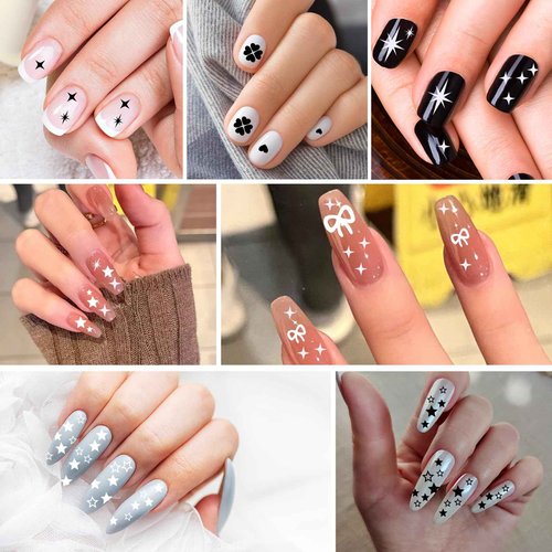Abeillo 6 Sheets Nail Art Stickers, Star Heart Bows Nail Decals, Black White Nail Design Stickers, Self-Adhesive DIY Nail Charms for Women Girls Manicure Decoration