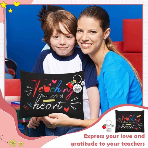 Yinkin 16 Pcs Teacher Appreciation Gifts Set, 8 Teacher Makeup Pouch Cosmetic Bags and 8 Teacher Appreciation Keychains for Teacher (Teaching)
