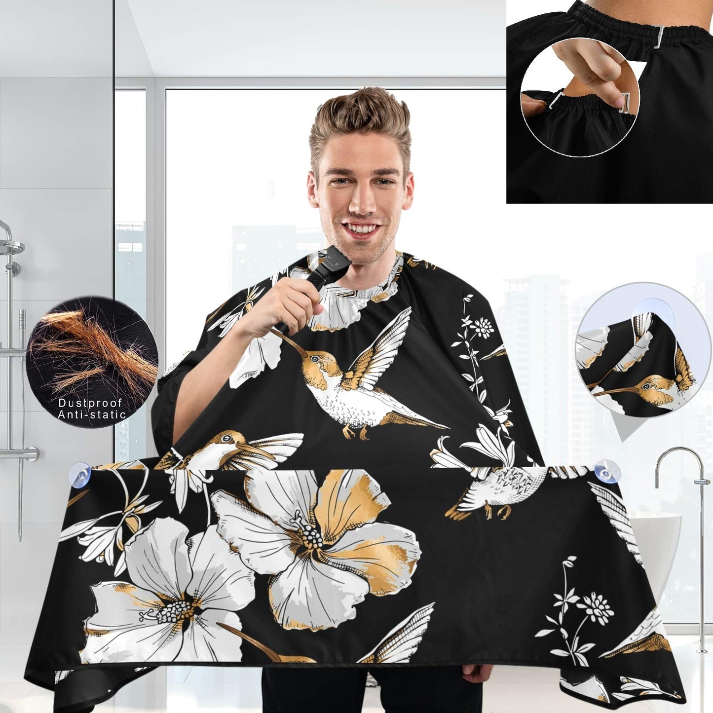 visesunny Barber Cape Exotic Tropical Hibiscus Flower And Hummingbird Gold Silver Pattern Polyester Hair Cutting Salon Cape Apron Anti-Static Haircut Water-Resistant Shaving Cloth Beard Shaving Bib Ha