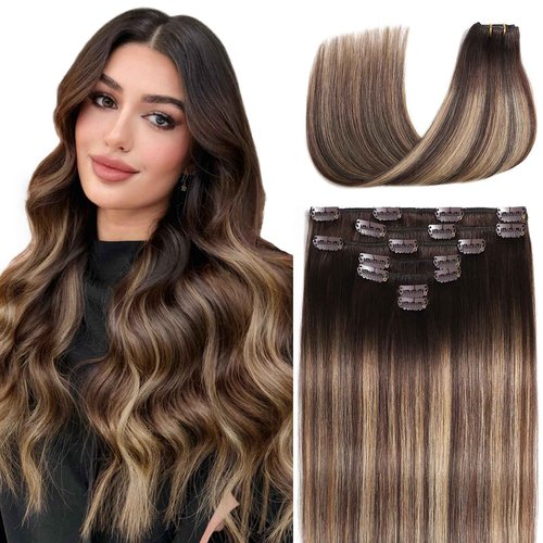 Clip in Hair Extensions Real Human Hair, Remy Human Hair Clip in Extensions for Women, 14 Inch 7Pcs 85g, Balayage Chocolate Brown to Caramel Blonde, Natural Straight Hair