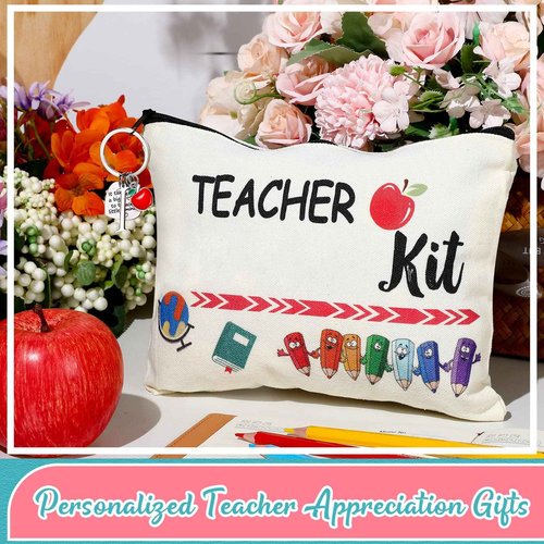 MTLEE 2 Pcs Christmas Teacher Appreciation Gift Women Teacher Kit Present Women Makeup Pouch Cosmetic Bag Thank You Keychain (I Shape)