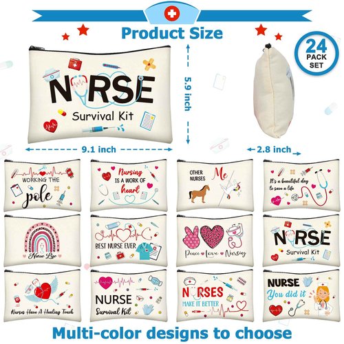 Nurses Week Accessories, 24 PCS Nurse Survival Kit Bag, Canvas Zipper Pouch Nurse Practitioner Accessories, Nurse Zipper Travel Makeup Bag for Women Girls Nurses Nurse Party